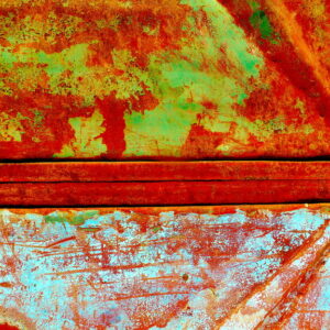 photo d'art abstraite, griffure sur métal, orange vif, vert, bleu pastel, géométrie.