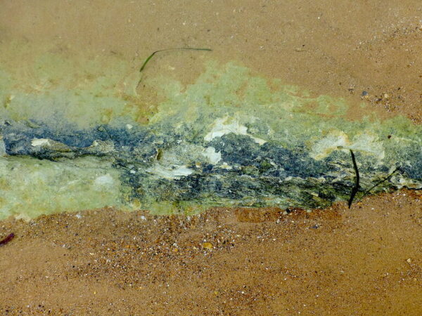 photo d'art avec effet de matière, vert clair, bleu gris, sable, abstrait.